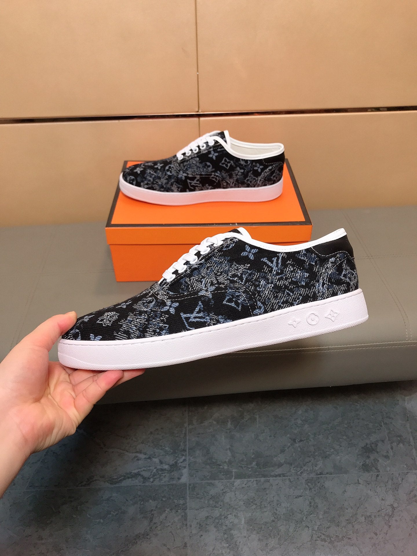 LV TRAINER BLACK MIX BLUE MONOGRAM JACQUARD