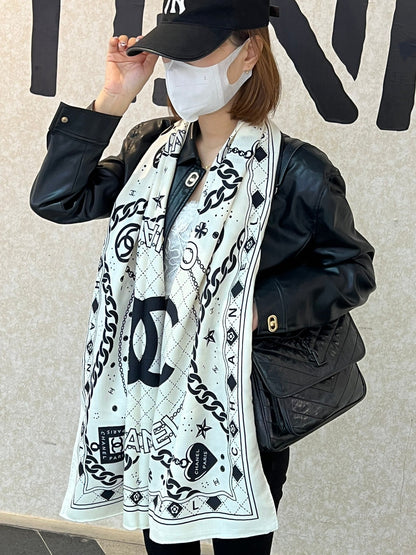 CC Scarf 185 CM White Black Cashmere Silk 418401