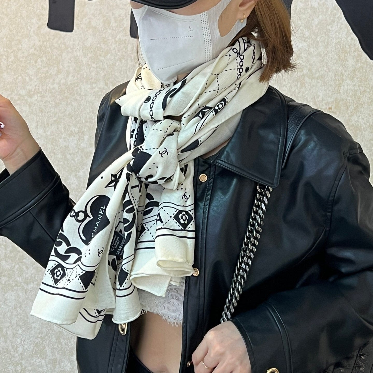 CC Scarf 185 CM White Black Cashmere Silk 418401