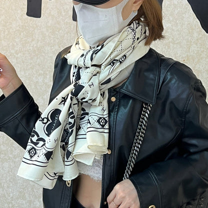 CC Scarf 185 CM White Black Cashmere Silk 418401