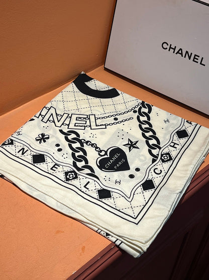 CC Scarf 185 CM White Black Cashmere Silk 418401