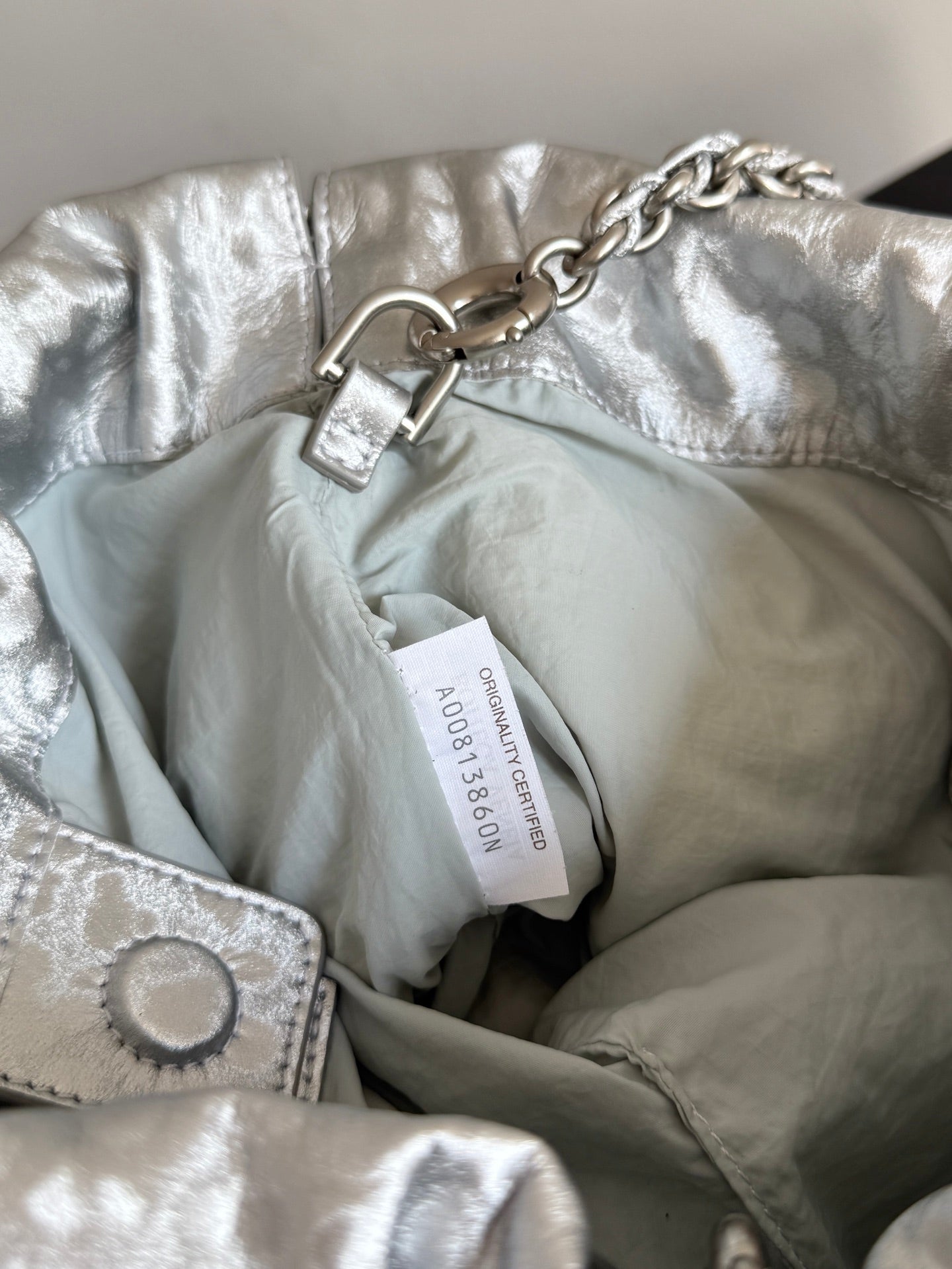 Bottega Veneta 2026 Dustbag 33cm Silver Intrecciato Lamina Satin Leather