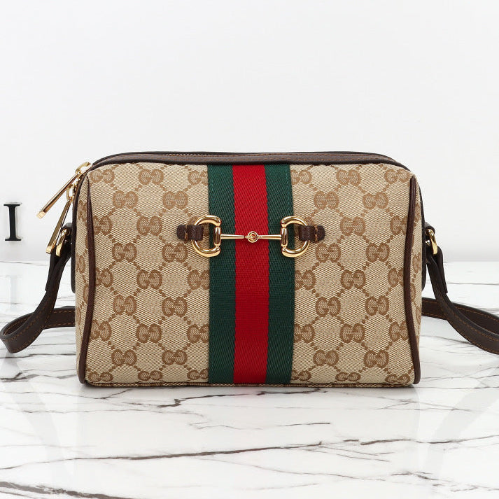 Gucci 2026 Horsebit Web Camera Bag 22cm Sand mix Brown Canvas Leather