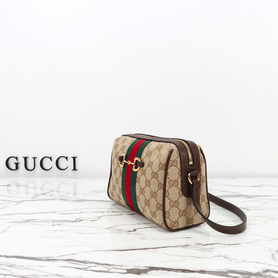Gucci 2026 Horsebit Web Camera Bag 22cm Sand mix Brown Canvas Leather
