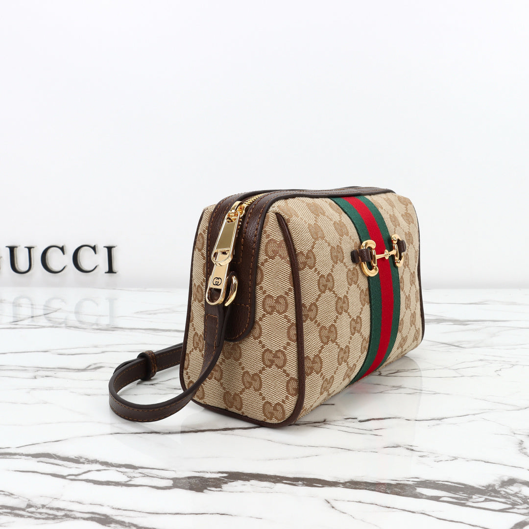 Gucci 2026 Horsebit Web Camera Bag 22cm Sand mix Brown Canvas Leather