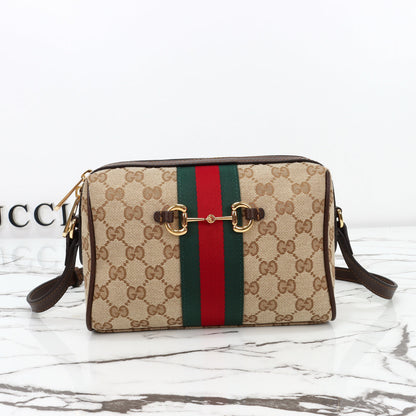 Gucci 2026 Horsebit Web Camera Bag 22cm Sand mix Brown Canvas Leather