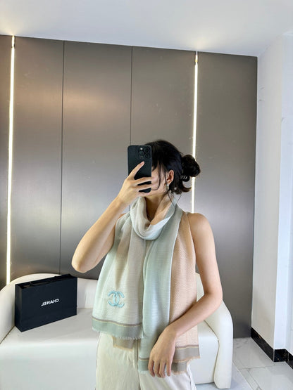 CC Scarf 200 CM In Grey Blue Mix Beige Cashmere Silk 390938
