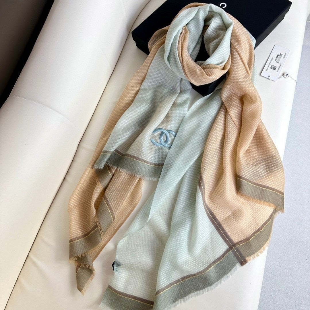 CC Scarf 200 CM In Grey Blue Mix Beige Cashmere Silk 390938