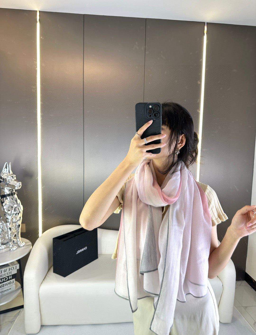 CC Scarf 200 CM In Light Pink Mix Light Grey Beige Cashmere Silk  396448