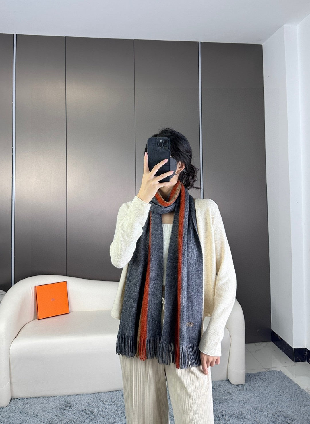 Scarf 180 CM In Charcoal Grey Mix Red Khaki Green Cashmere 401088