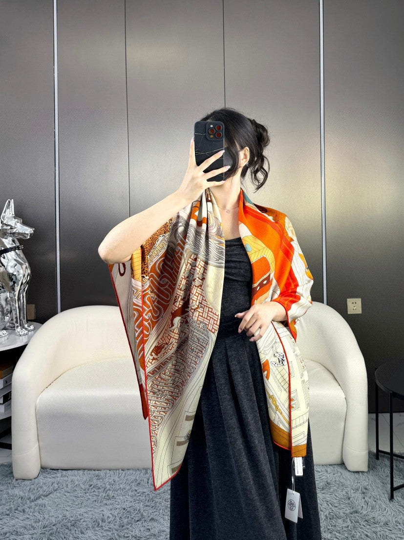Mystere Au 24 Scarf 135 CM Yellow Orange Colorful Cashmere And Silk