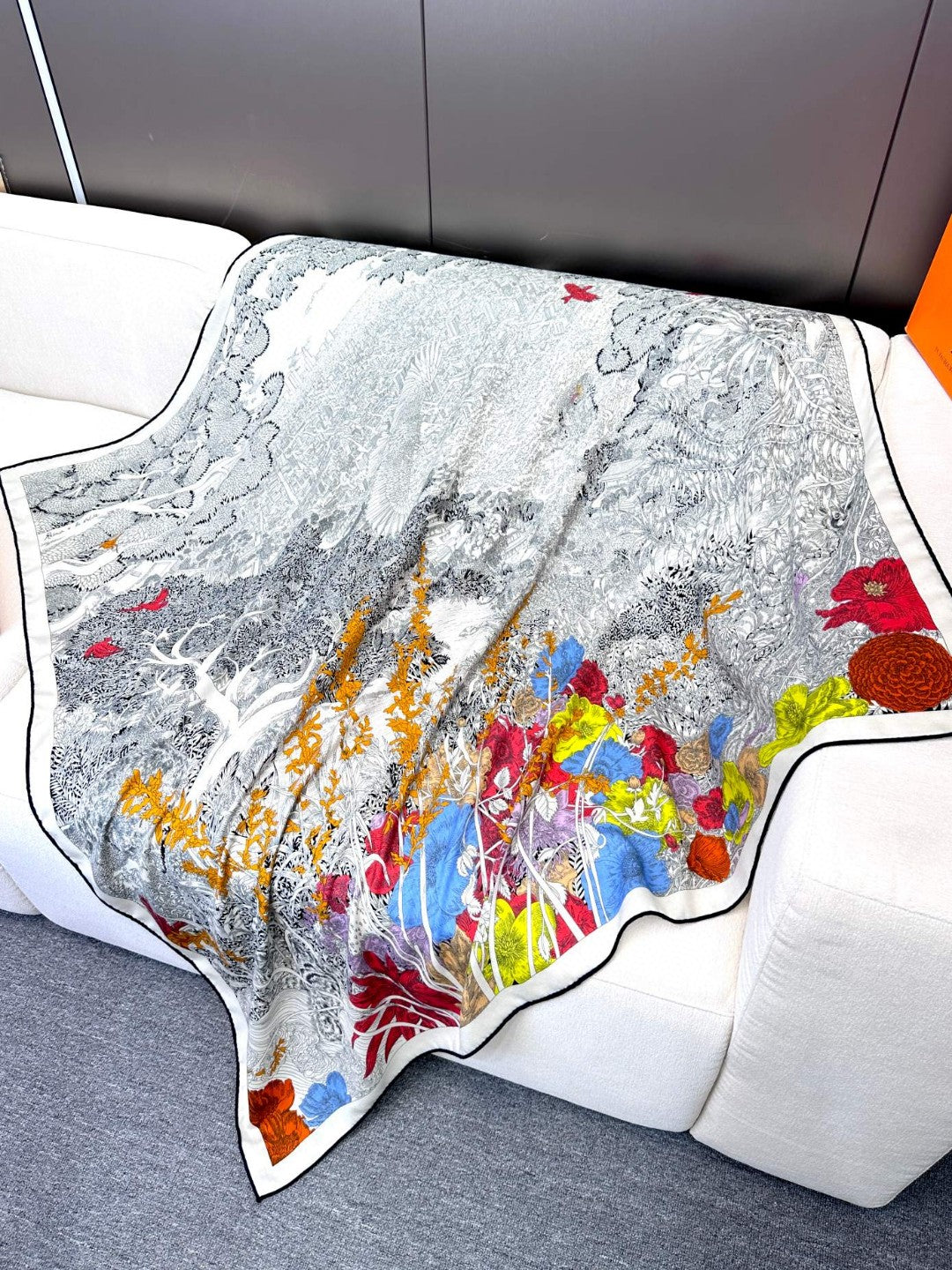 Square Scarf 135CM In Black White Colorful Cashmere And Silk
