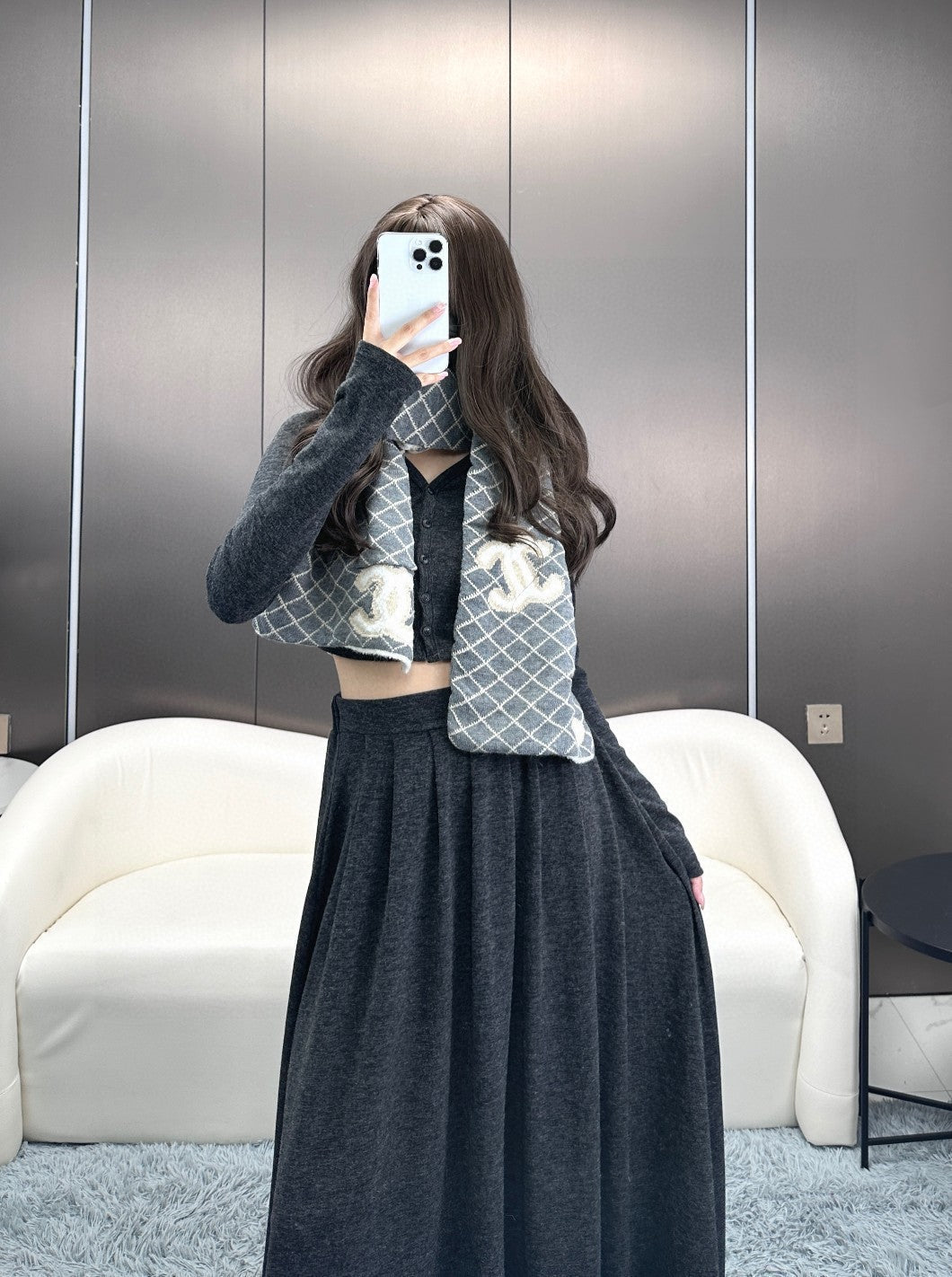 CC Scarf 185 CM In Grey Brown Mix White Cashmere Wool 410148