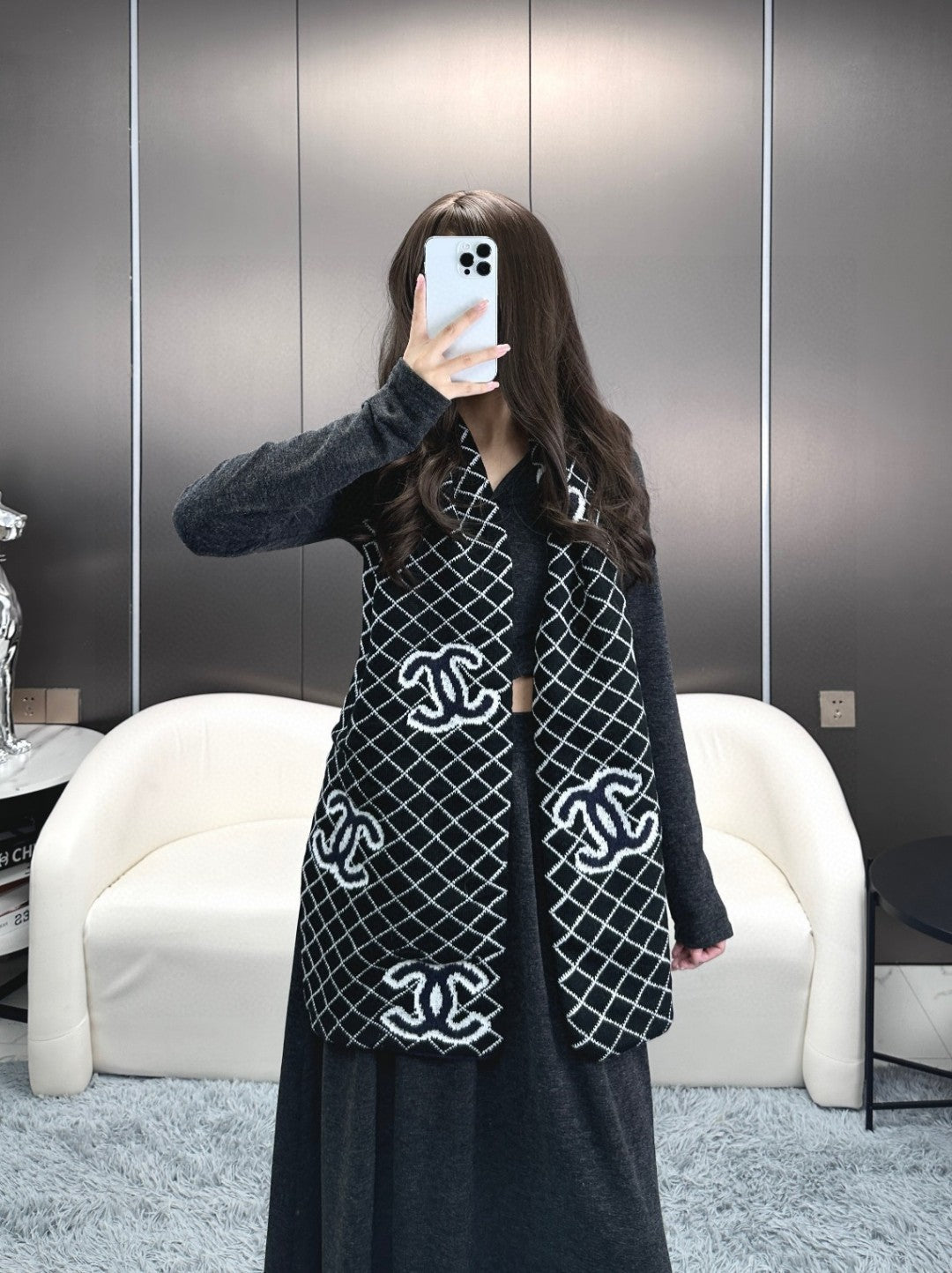 CC Scarf 185 CM In Black Mix Charcoal Blue Cashmere Wool 410150