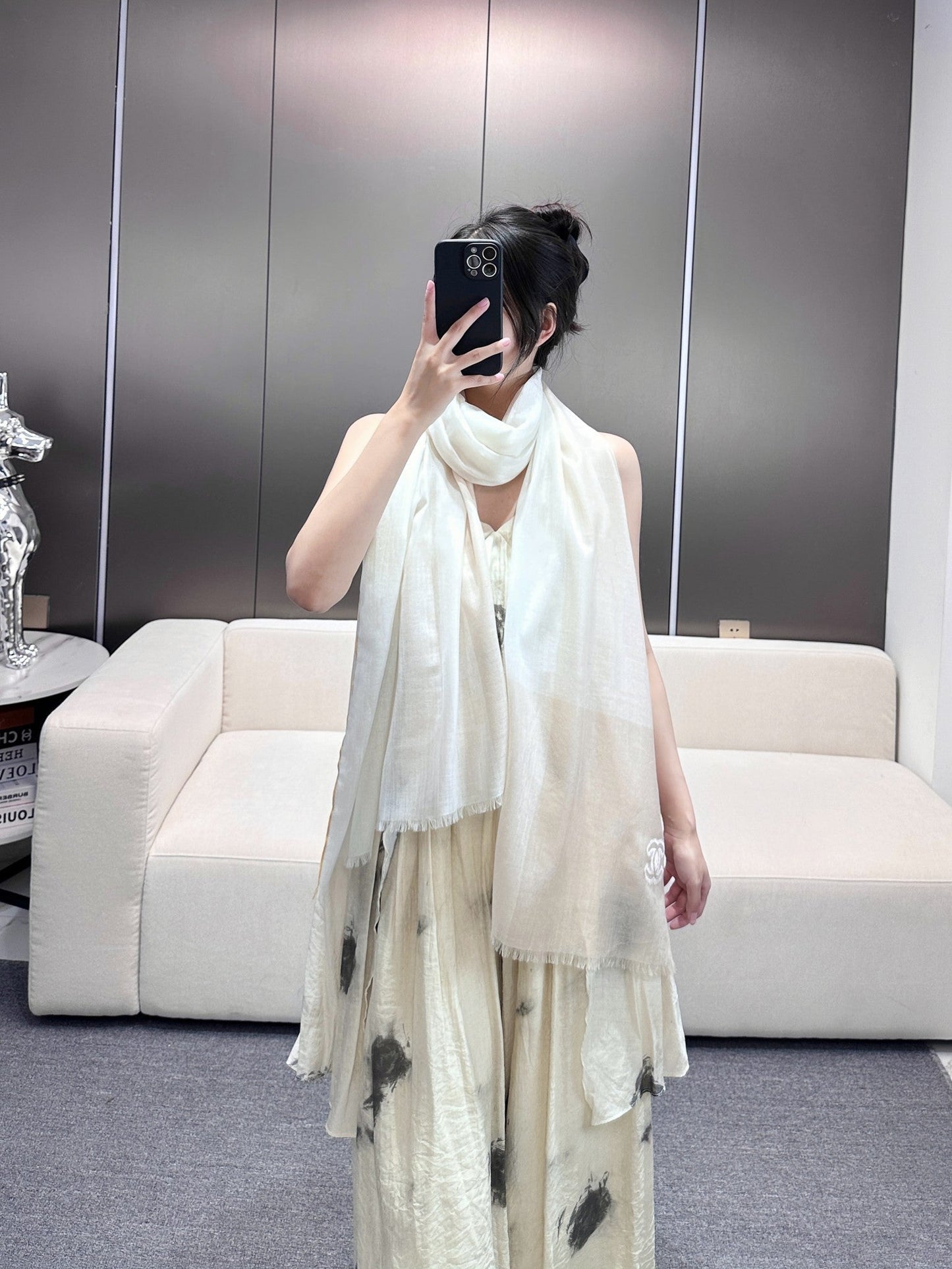 CC Scarf 200 CM In White Mix Beige Light Linen Fabric 418194