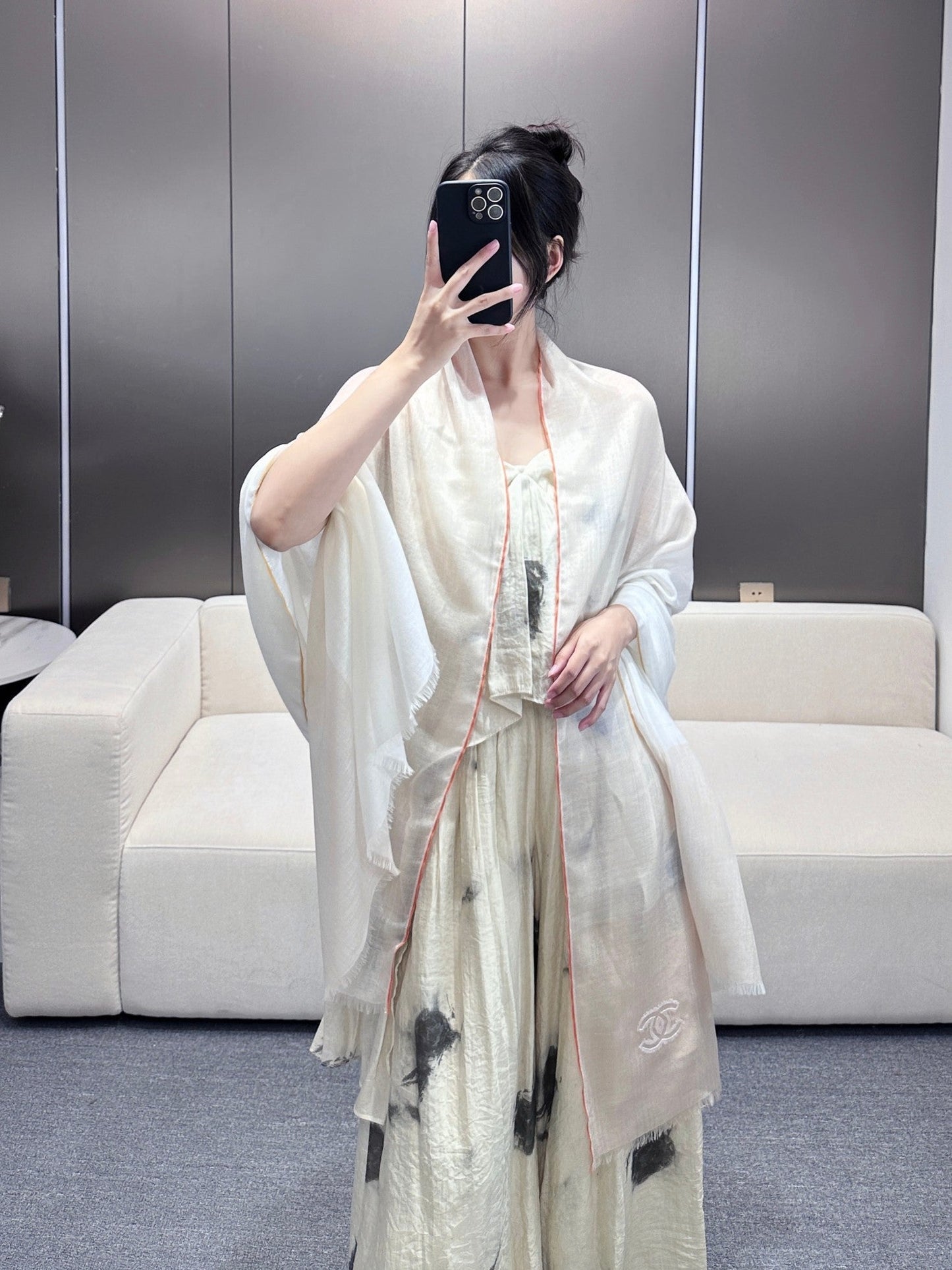 CC Scarf 200 CM In White Mix Beige Light Linen Fabric 418194