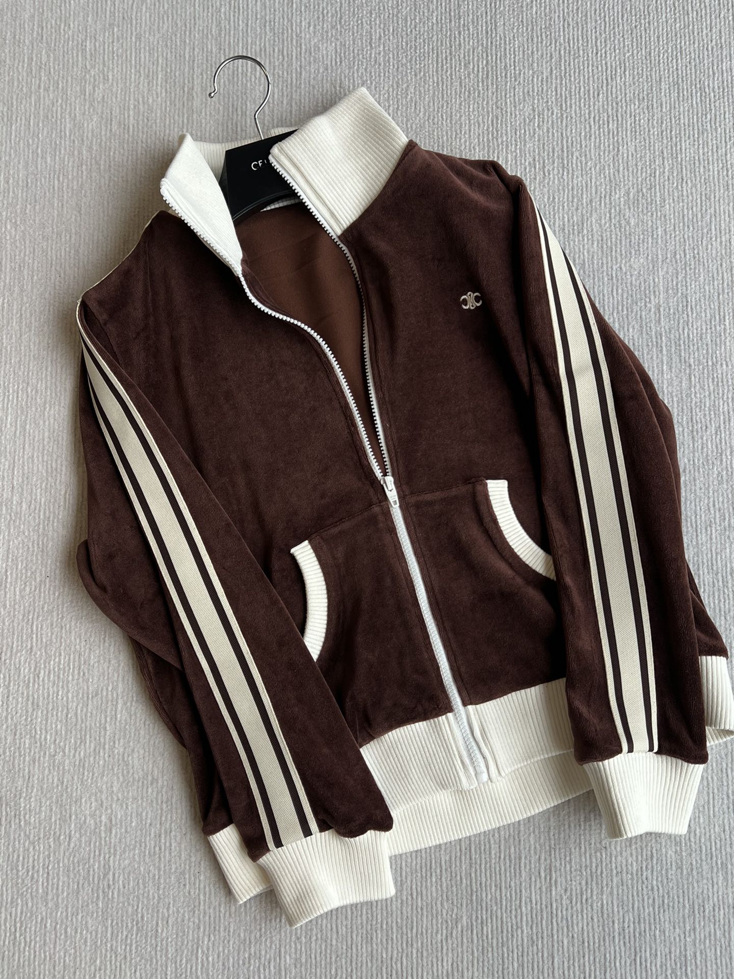 Celine 25 Zipper Jacket Brown White Cotton Polyester