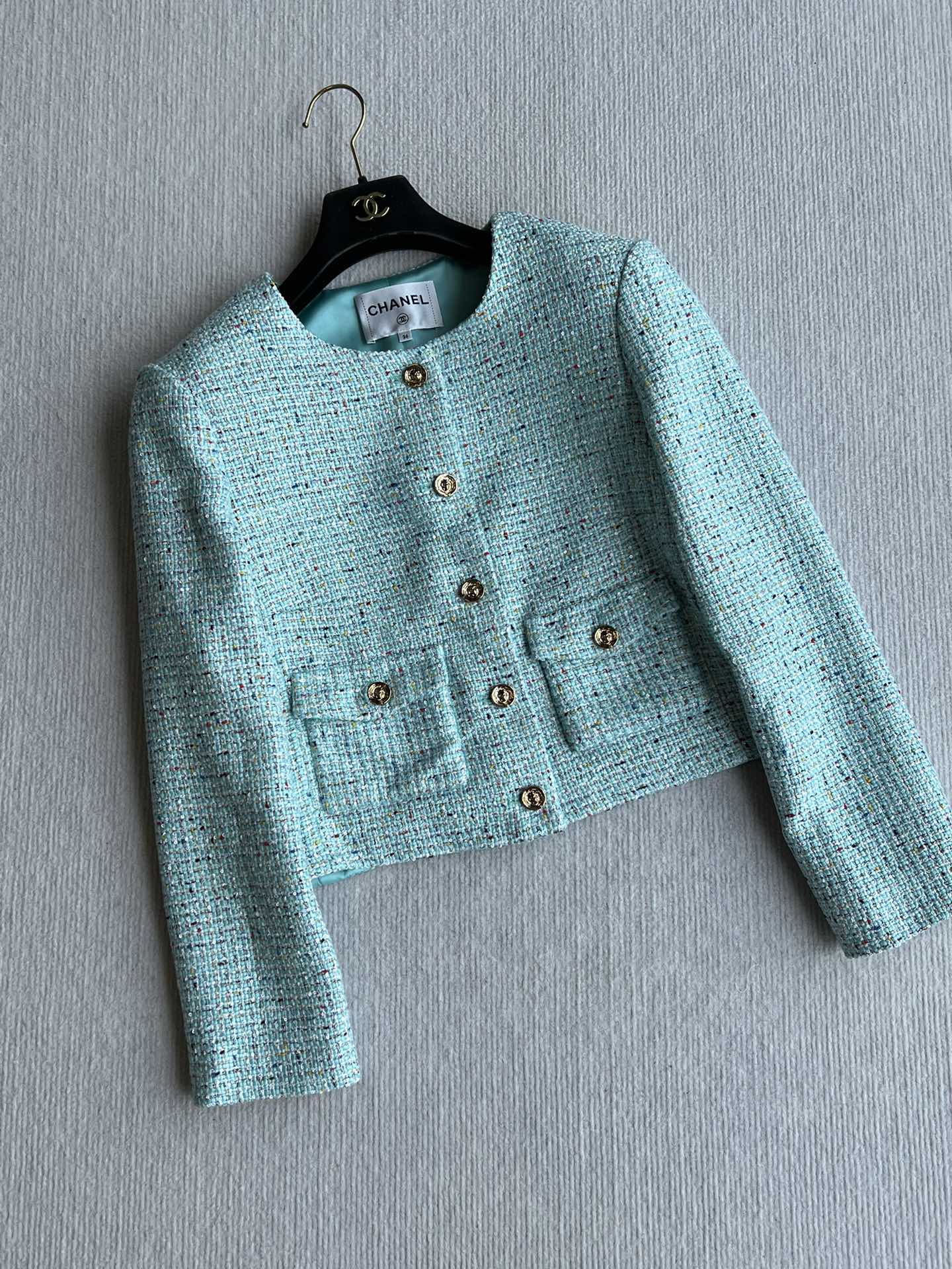 CC 25 Coat Blue-Green Round-Neck Wool Acrylic