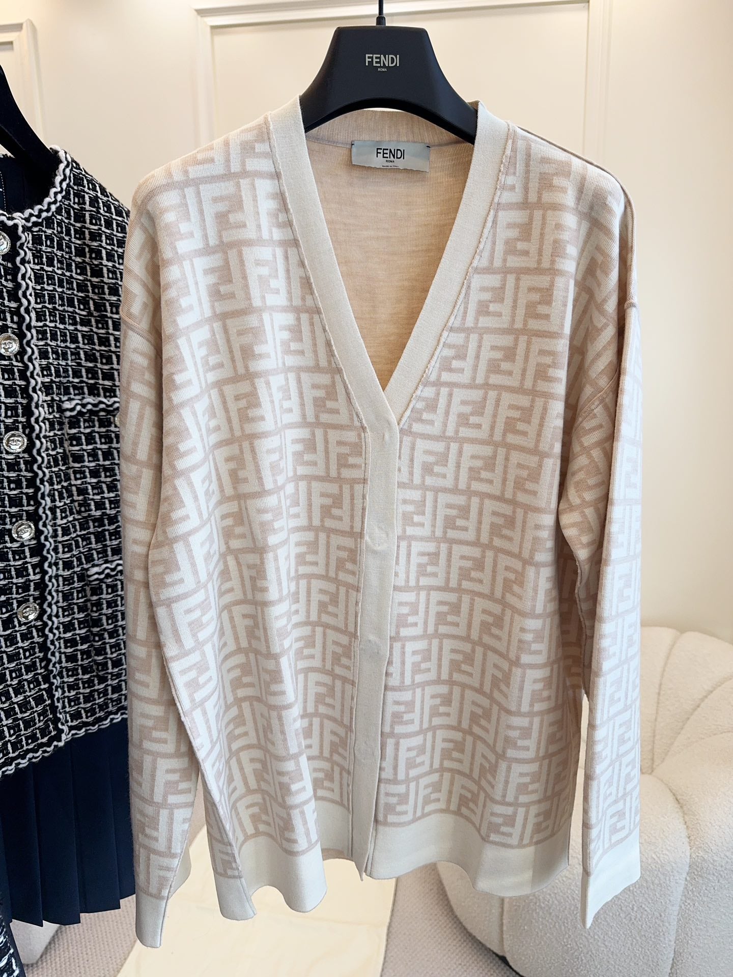 Fendi Monogram Cardigan Beige Wool