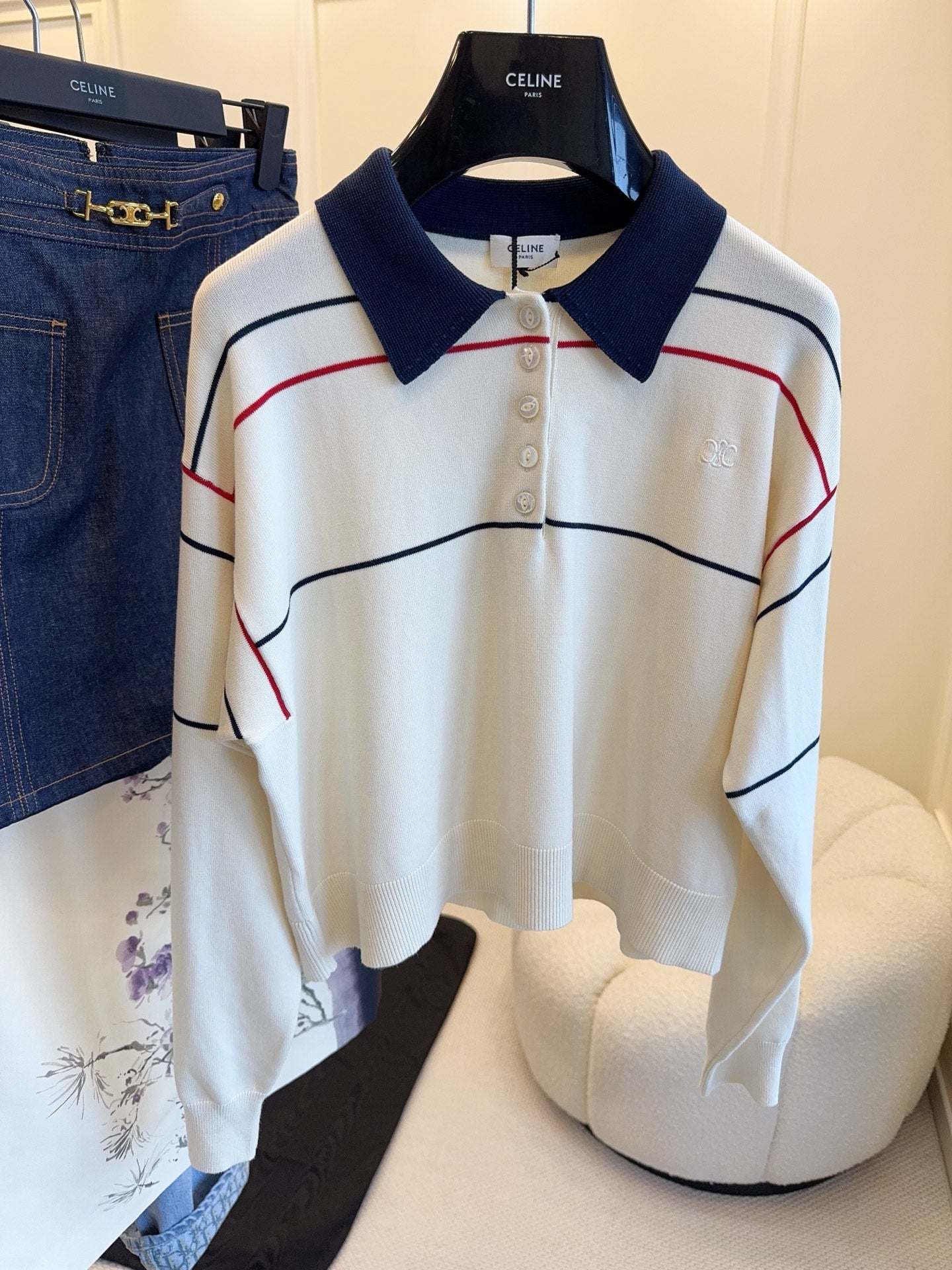 Celine 25 Polo Long Sleeves Shirt White Silk Cotton
