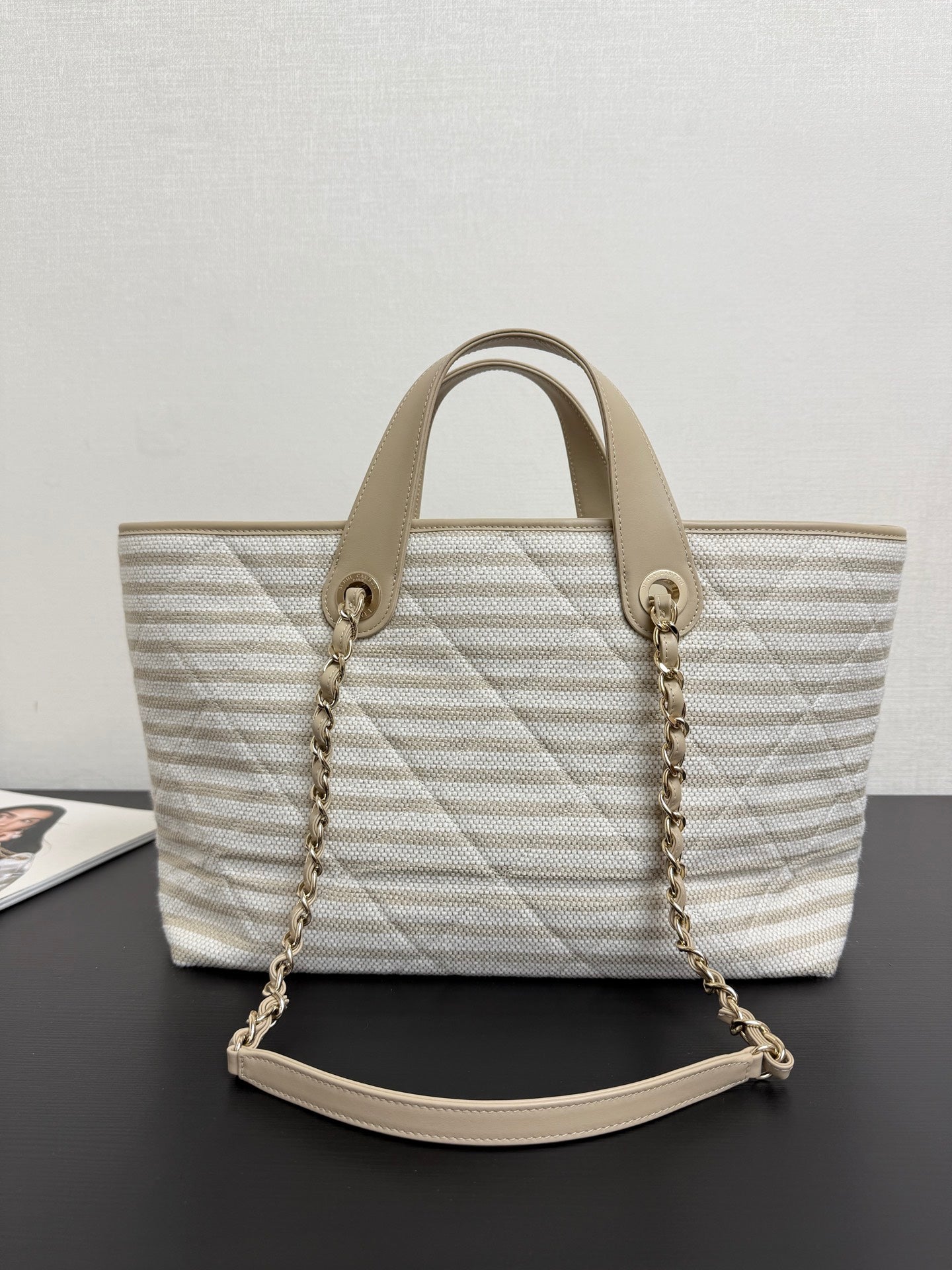 Chanel 26 Woven Beach Bag 46 White Light Beige Canvas Leather