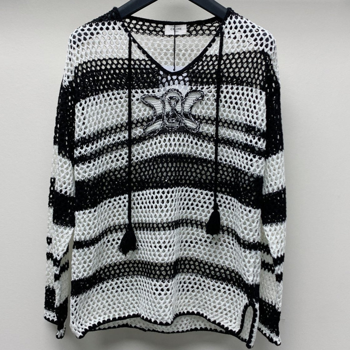 Celine 25  Hollow Crochet Cardigan Black White Wool Polyester 277568