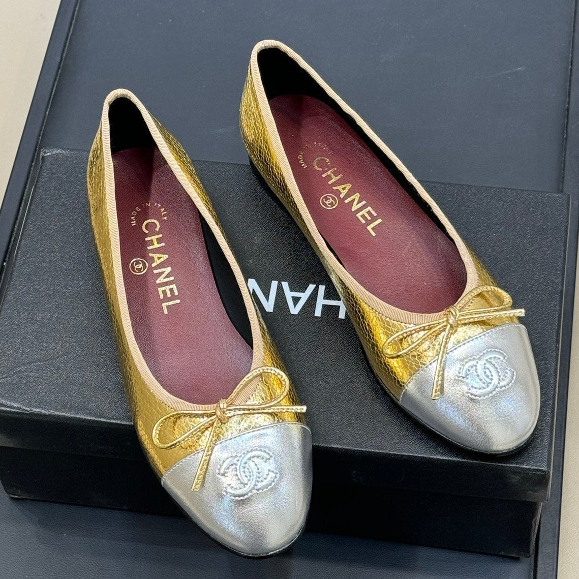 Chanel 2026 Ballet Flat Gold Silver Leather