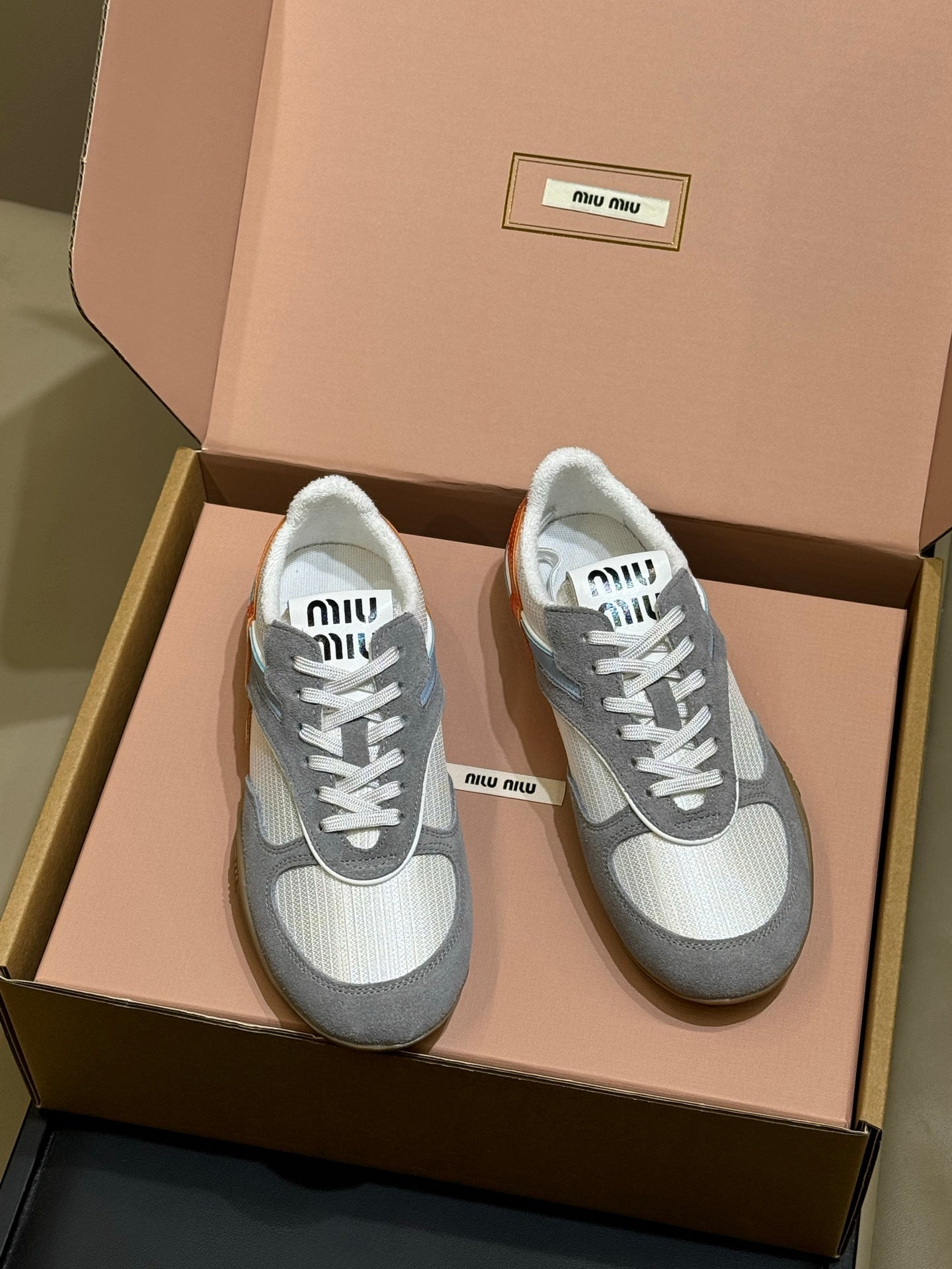 Miu Miu 2026 Tyre Sneaker White Orange Grey Mesh Suede 621350