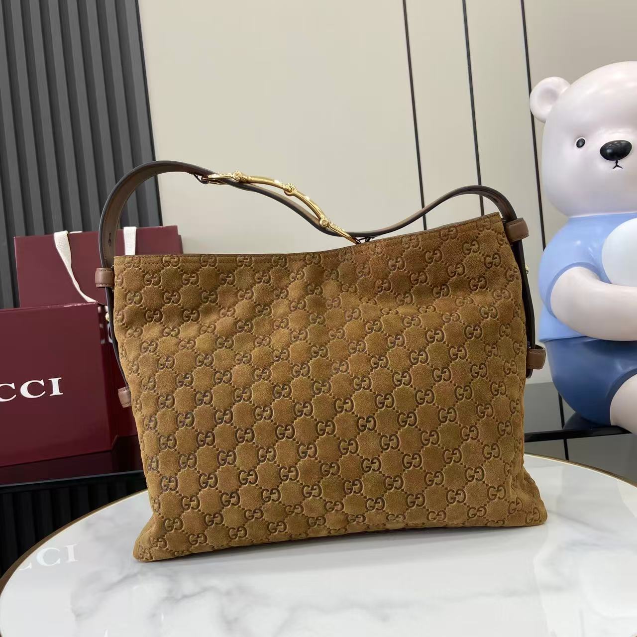 Gucci 25 Beatrix Handbag Brown Gold Suede