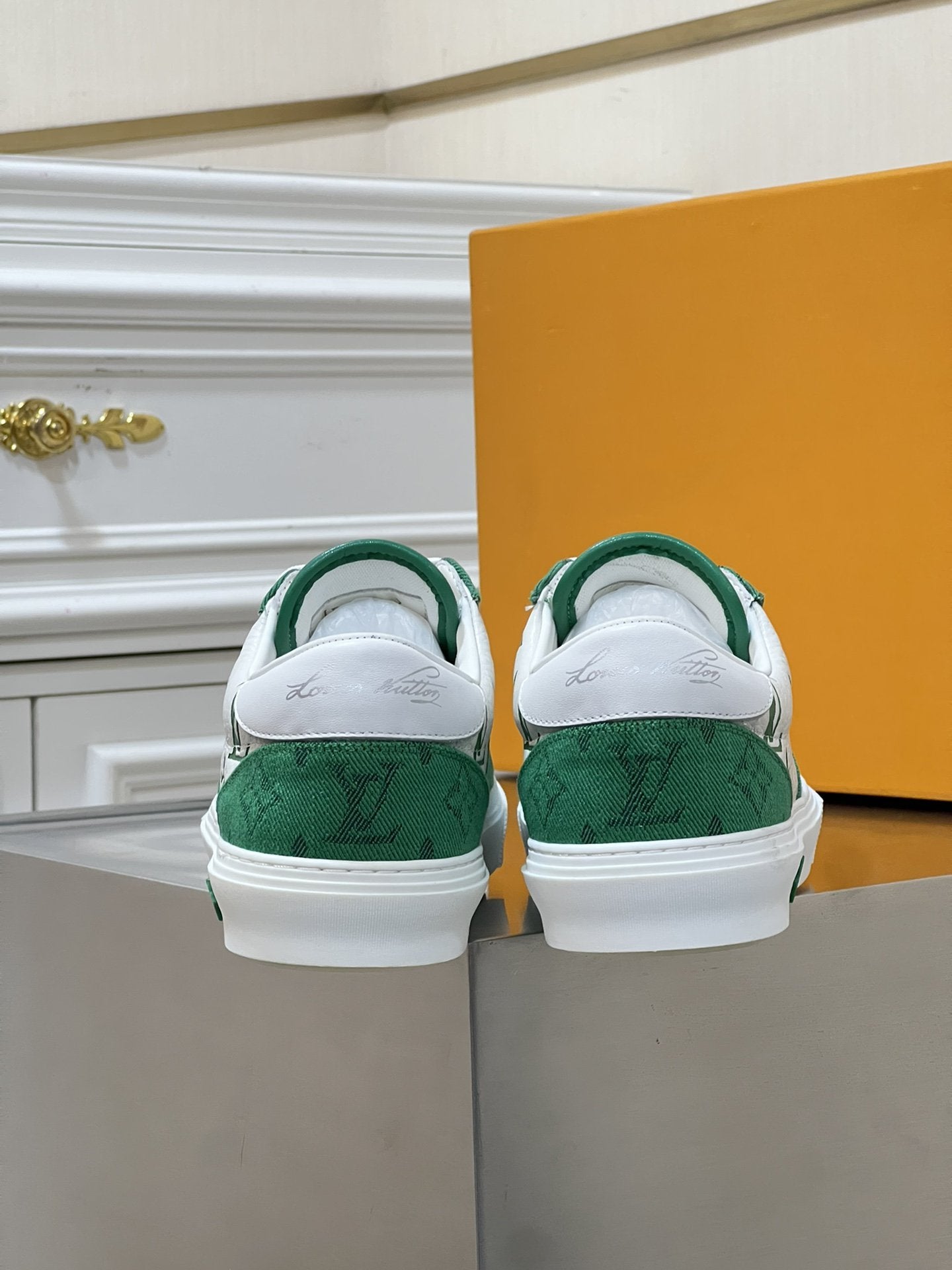LV MONOGRAM GREEN AND WHITE SNEAKERS