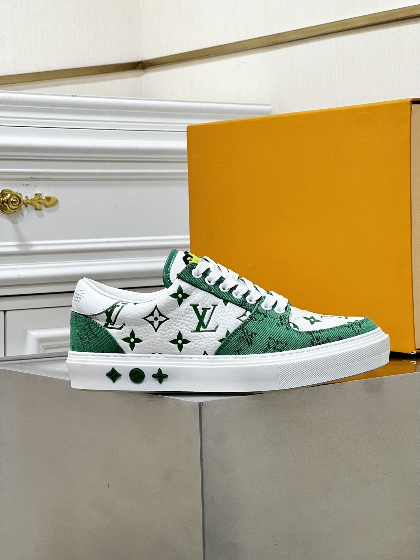 LV MONOGRAM GREEN AND WHITE SNEAKERS