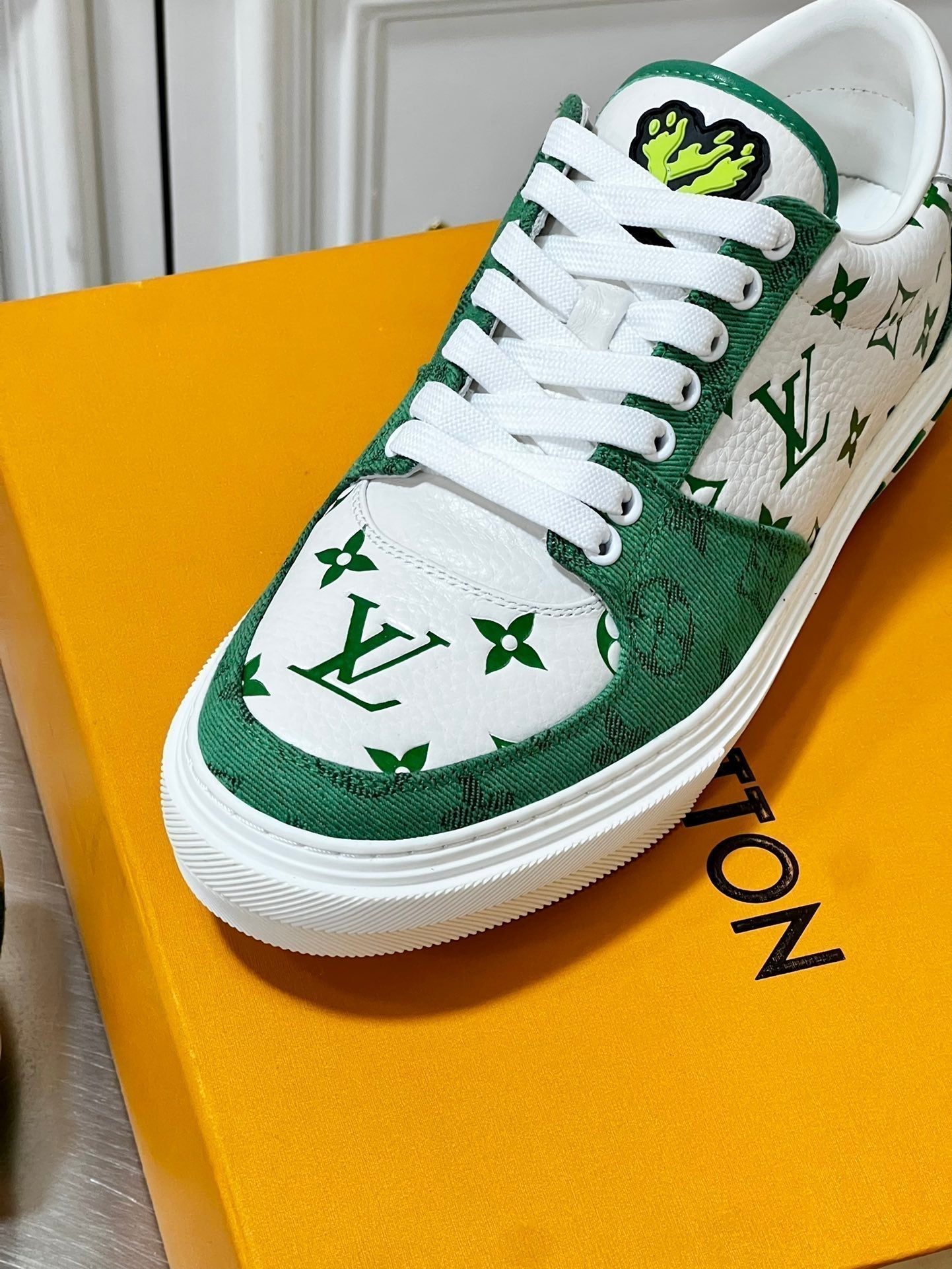 LV MONOGRAM GREEN AND WHITE SNEAKERS