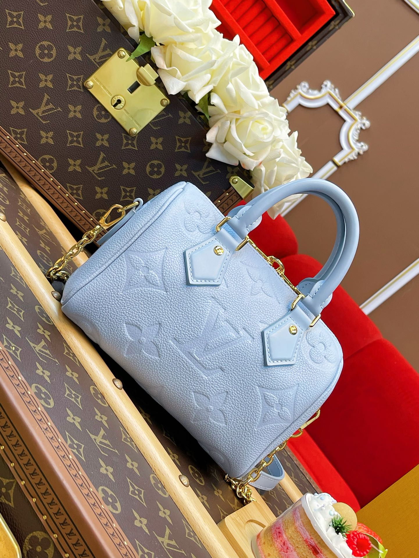 LV Speedy BandouliÃ¨re 20 Blue Monogram Empreinte Leather