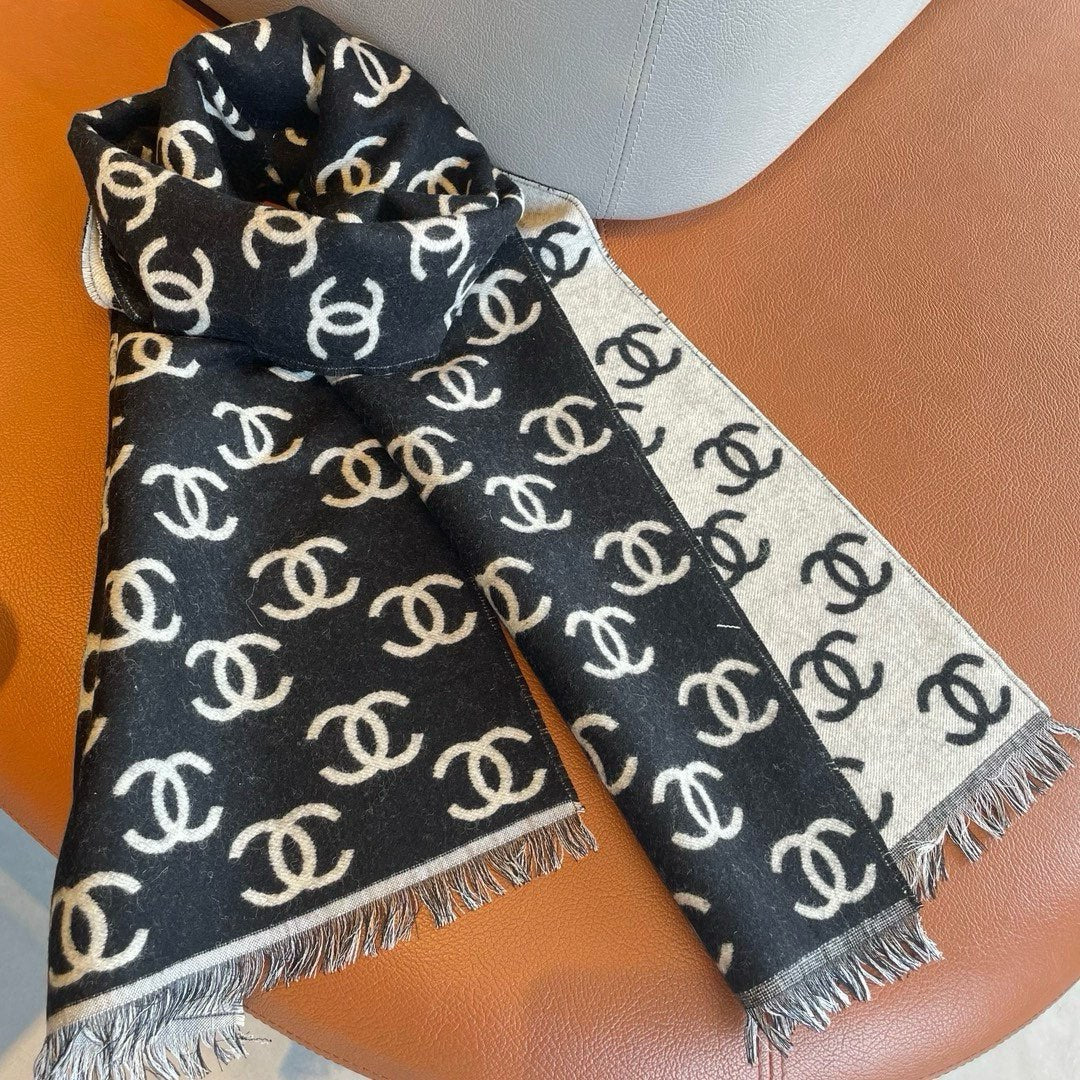 CC Scarf 180 CM In Black Mix Light Grey Print Logo Cashmere And Wool 413631
