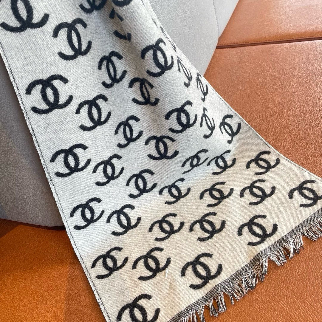 CC Scarf 180 CM In Black Mix Light Grey Print Logo Cashmere And Wool 413631