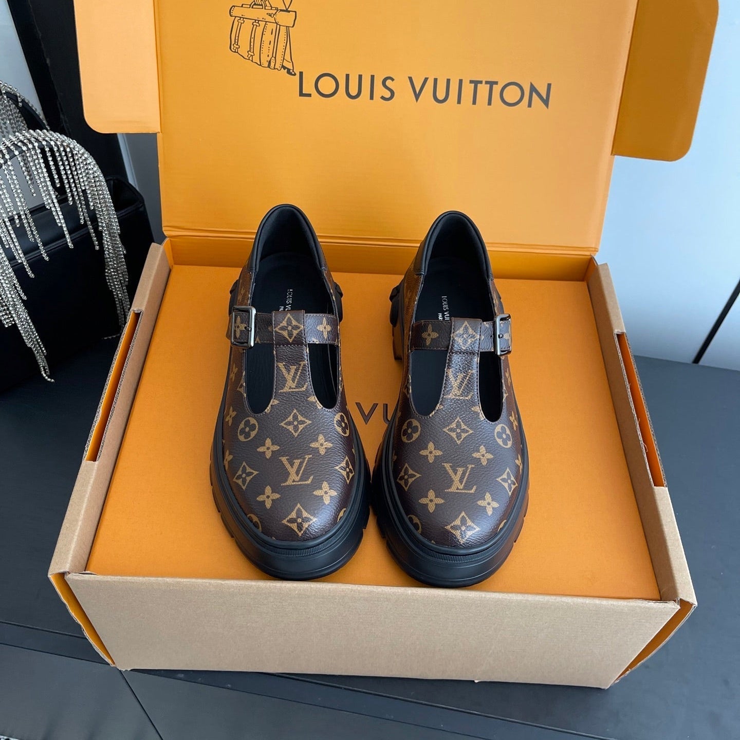 LV 26ss Platform Mary Jane Brown Monogram Cowhide 631500