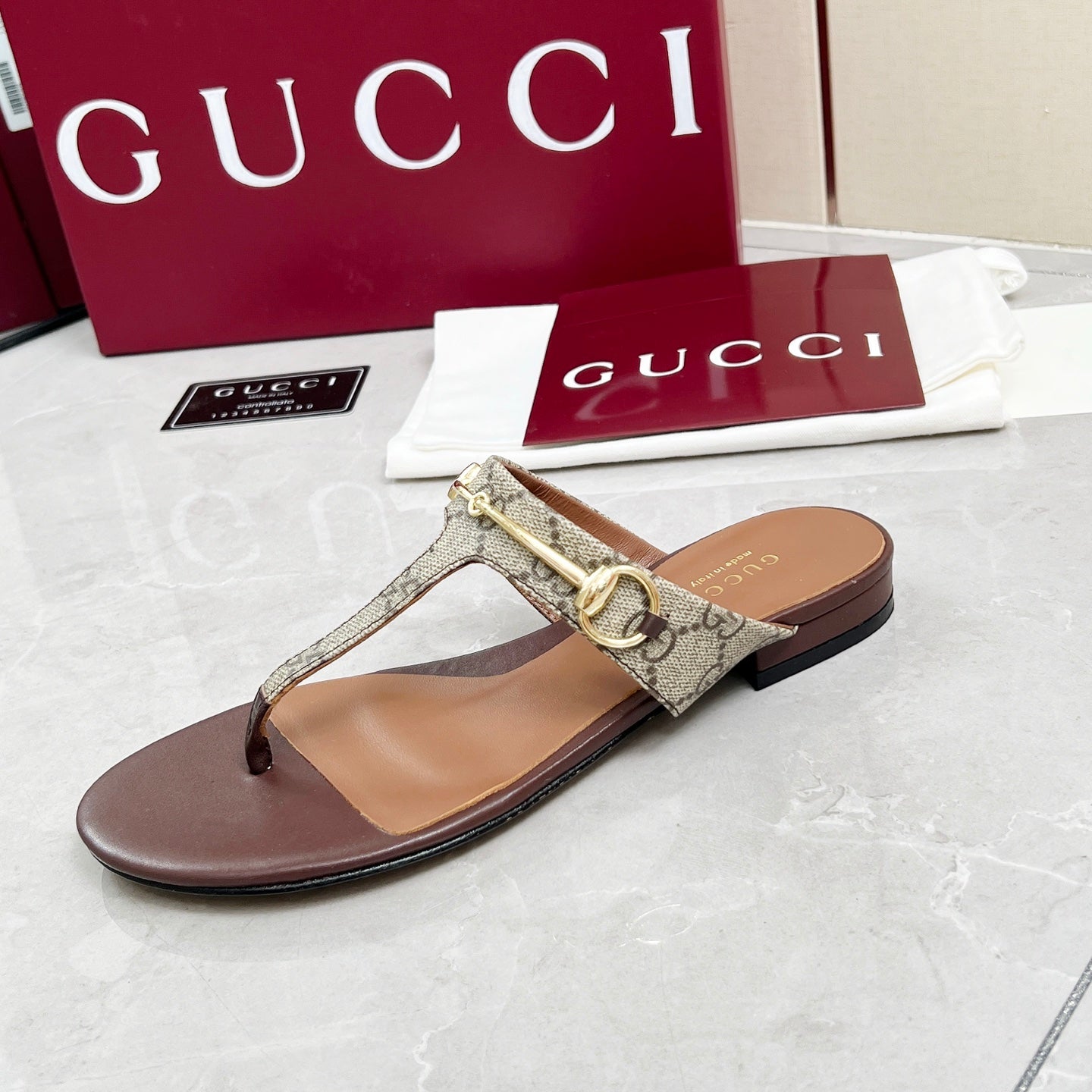 GC 25 Horsebit Thong Sandals Brown Canvas Leather 293854