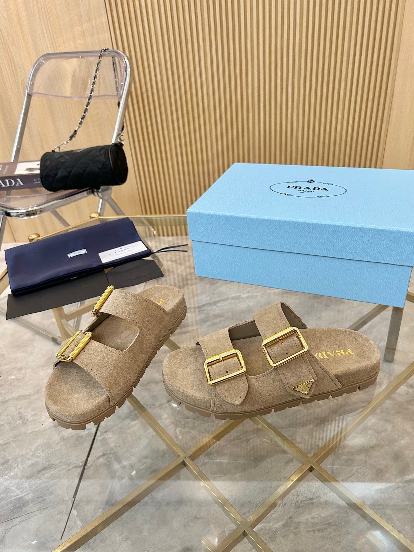 Prada 2026 Retro Triangle-Logo Sandals Suede 778905