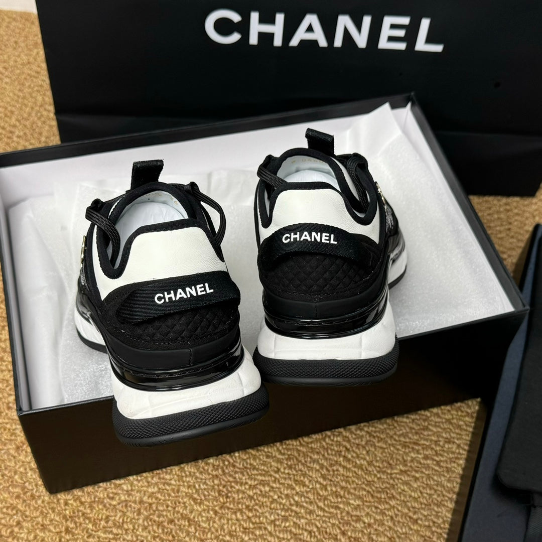 CC Sneaker Black Mix White Calfskin And Silk Parachute Fabric 947509