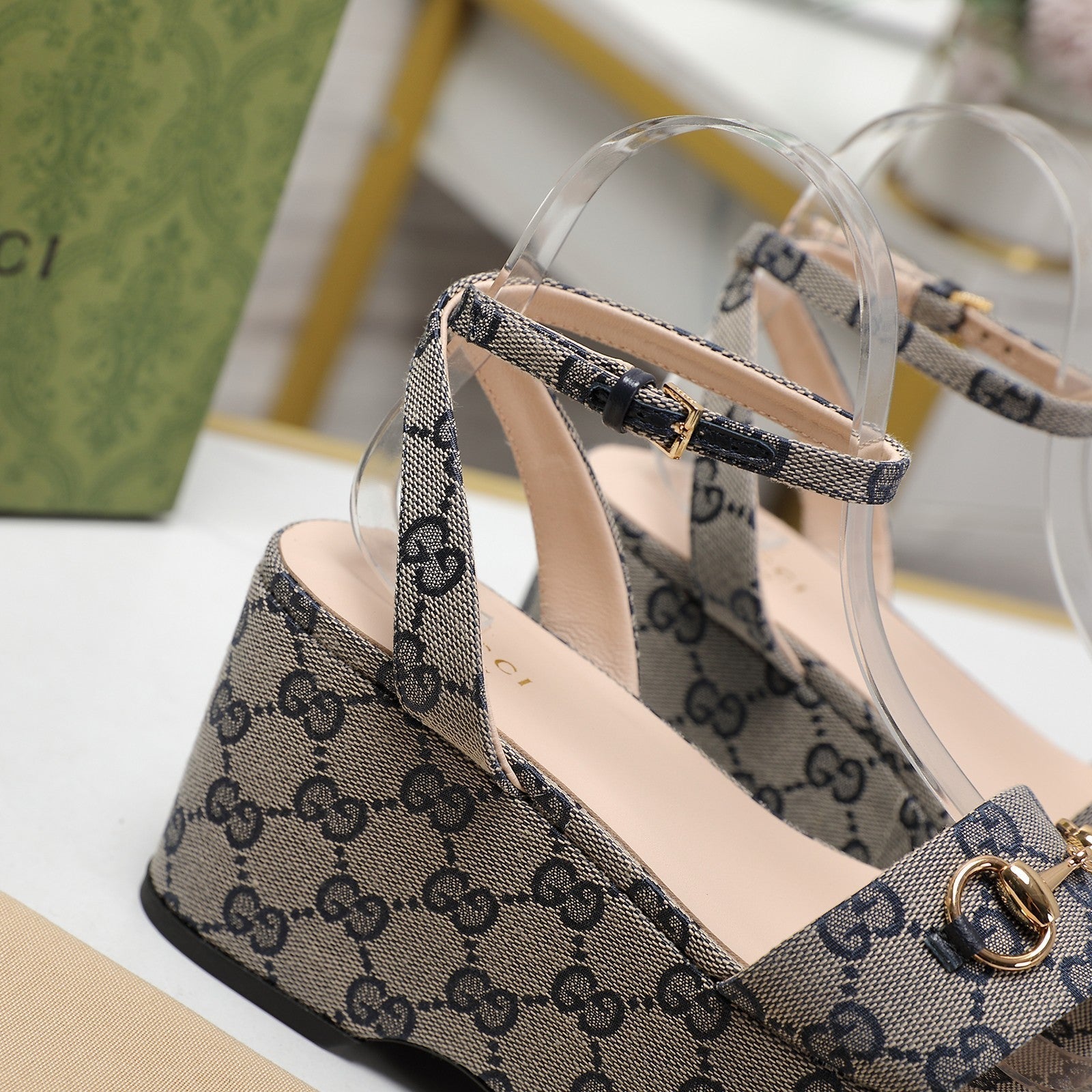 GG  Horsebit Wedges Sandals Grey