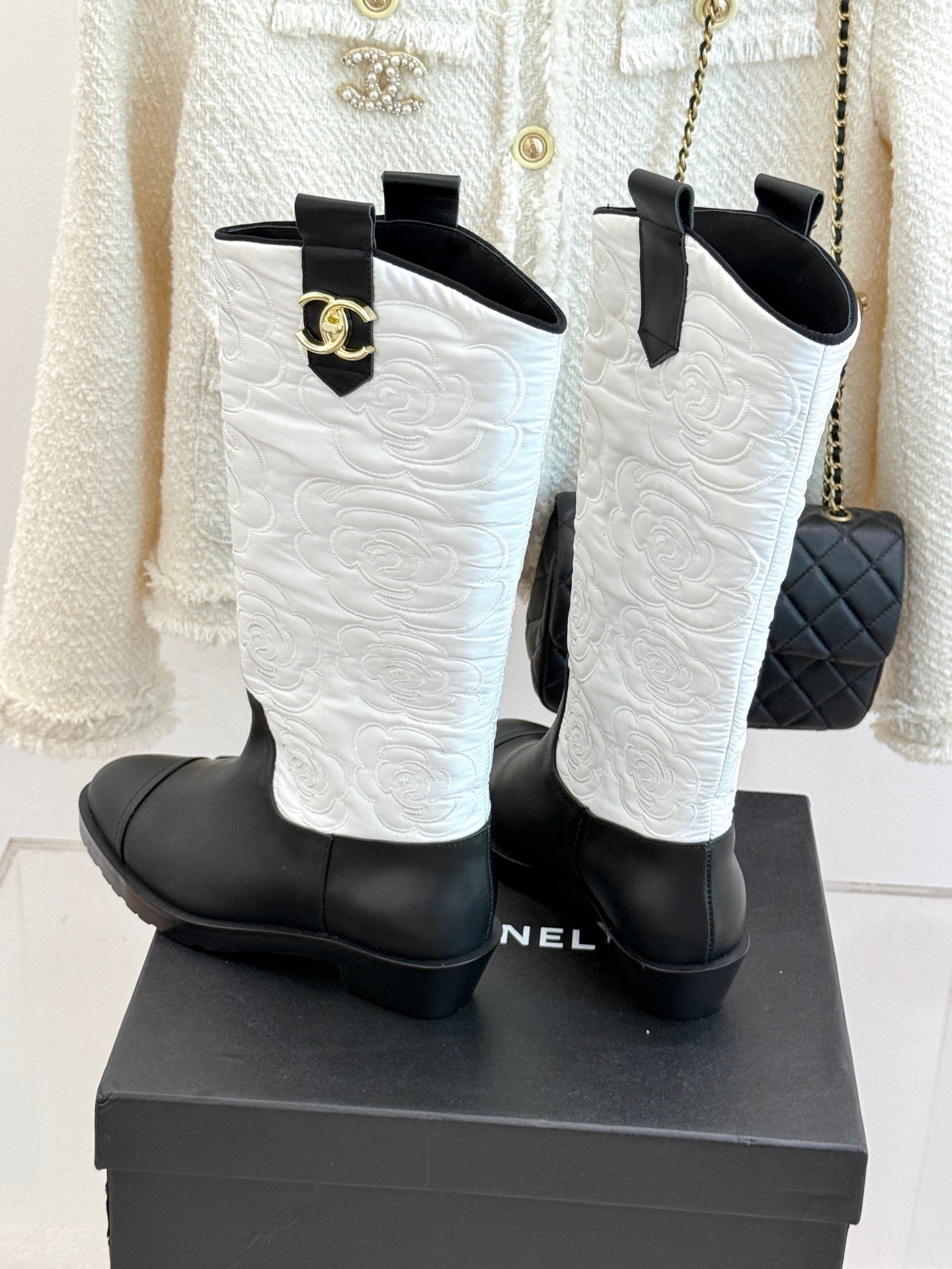 CC cowboy mid-calf boots black white sheepskin denim fabric 511981