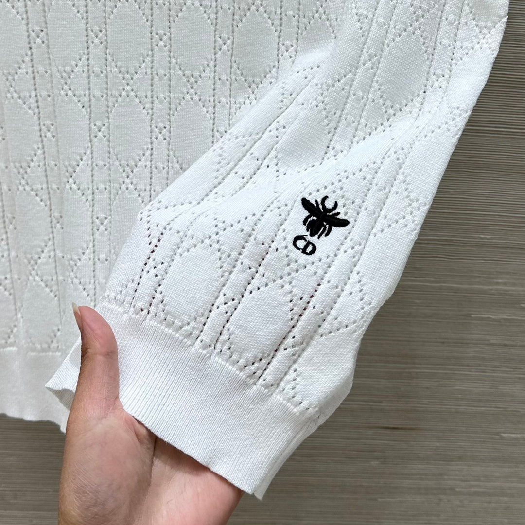 CD 25 Hollow Polo Knitted Short-sleeved Top White Silk Wool