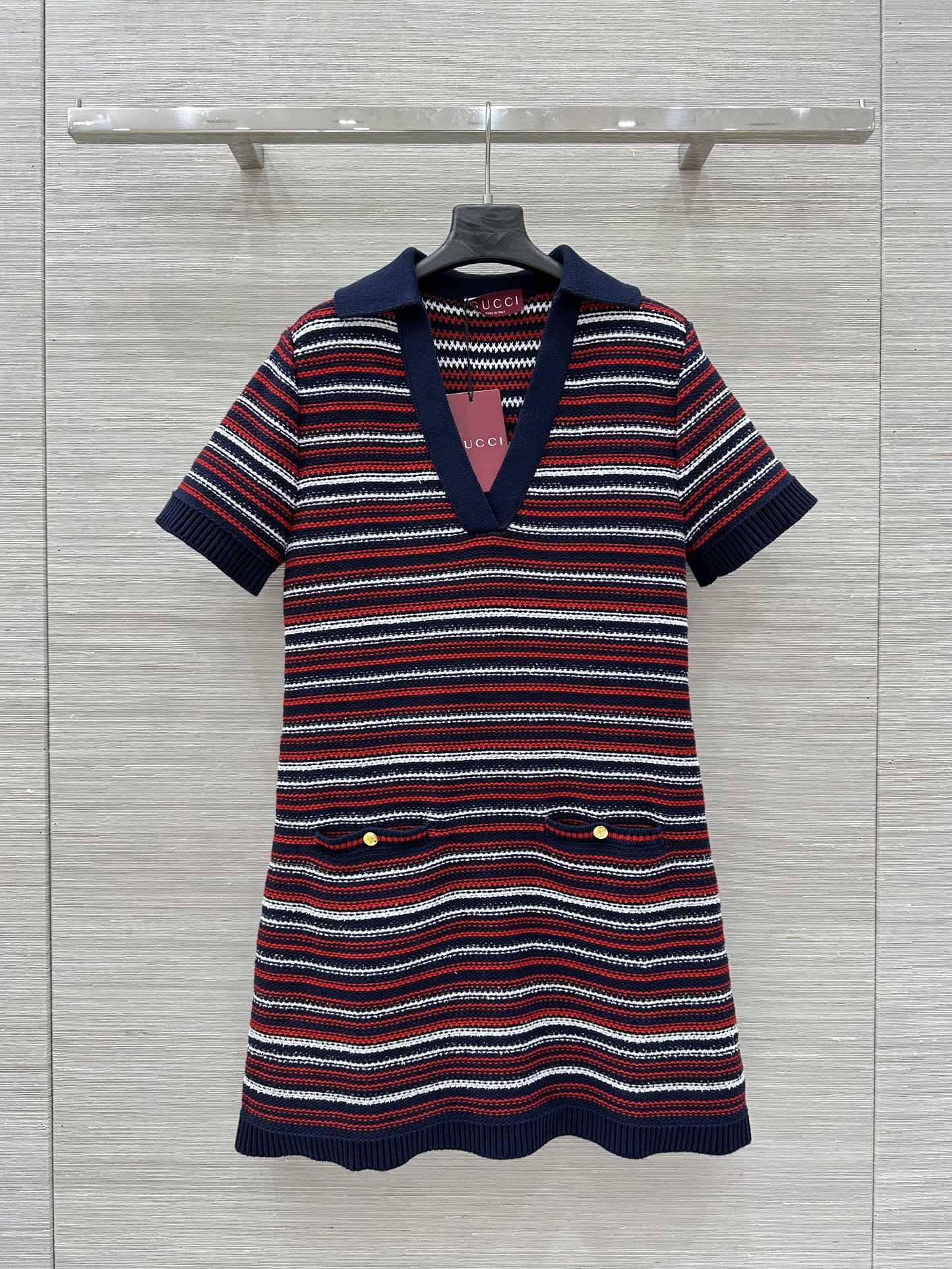 Gucci 25 Knitted V-neck Dress White Red Wool