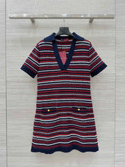 Gucci 25 Knitted V-neck Dress White Red Wool