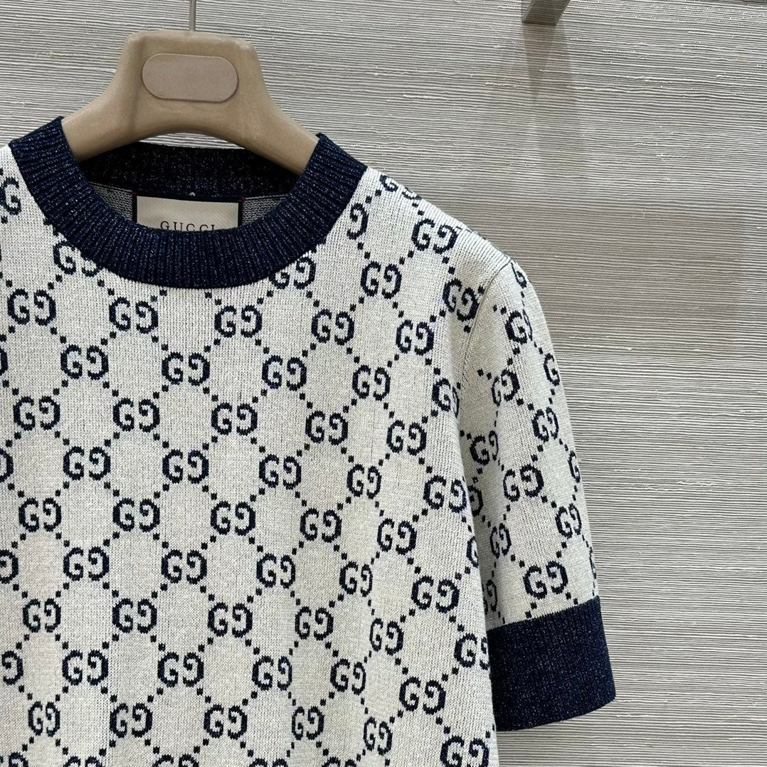 Gucci 2025 Knitted Round Neck Short-sleeved Top Blue Gray Cotton