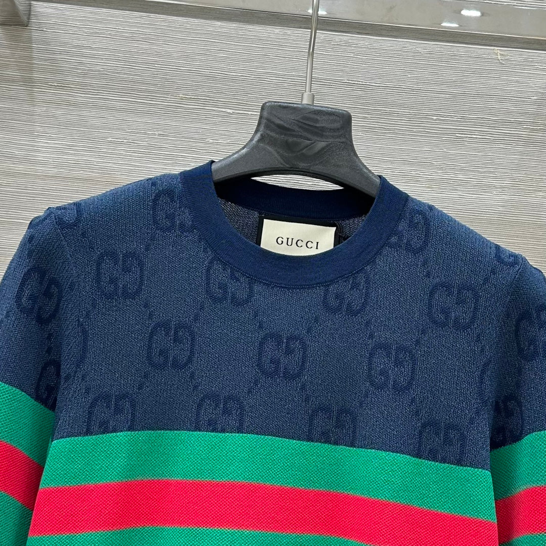 Gucci 25 Mesh Short-sleeved Top Blue Tencel