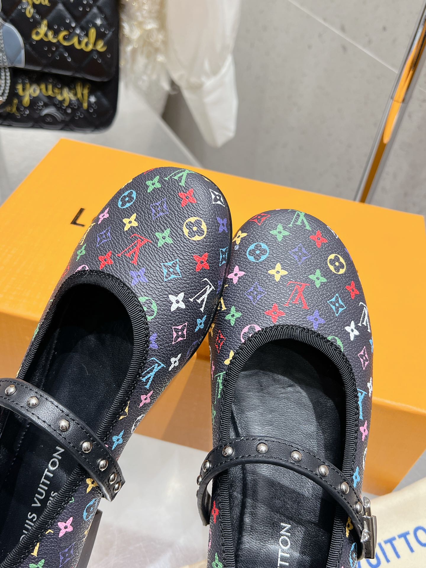 LV 26s Ballet Flats Black Multicolor Monogram Leather 610843