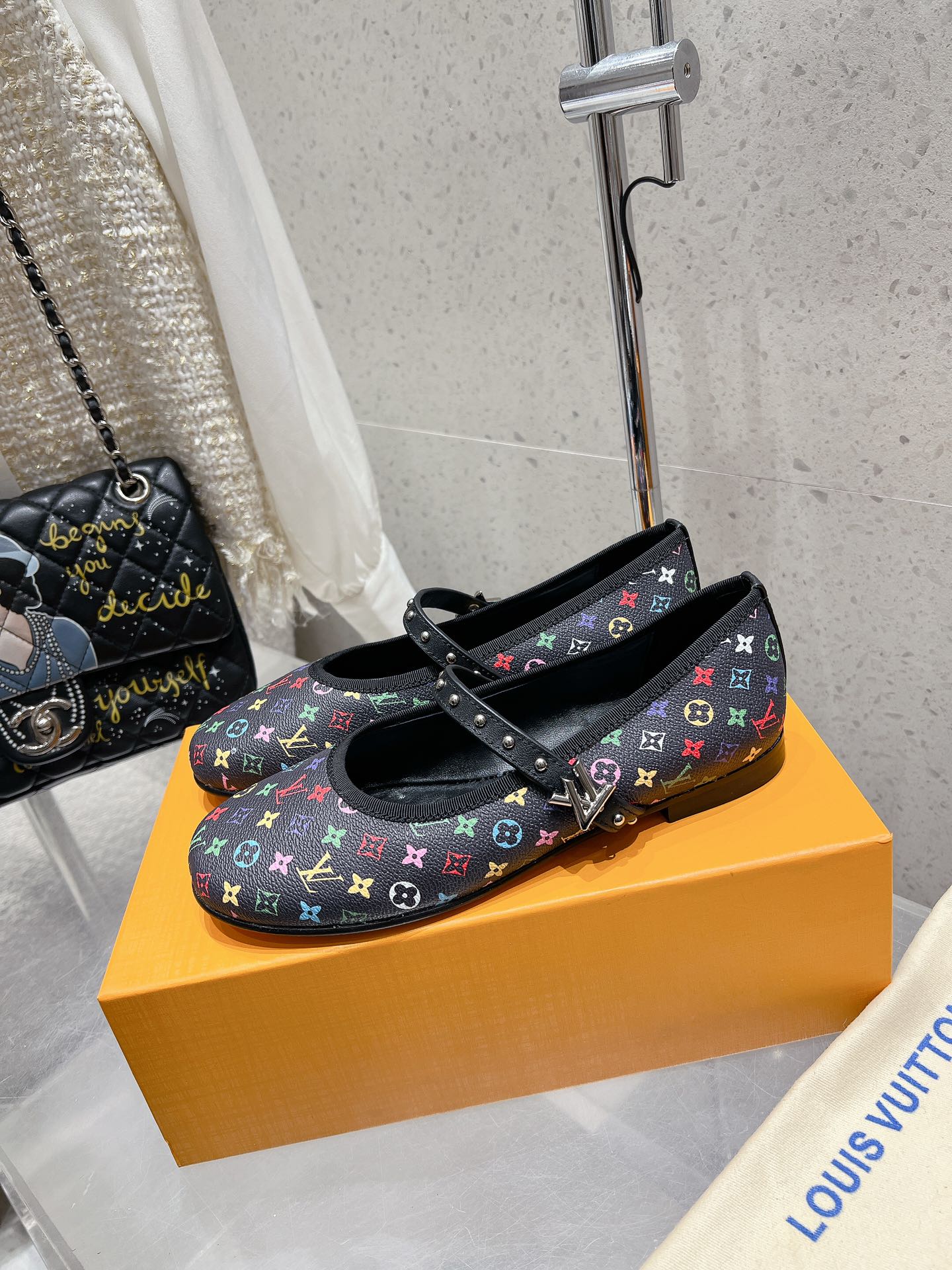 LV 26s Ballet Flats Black Multicolor Monogram Leather 610843