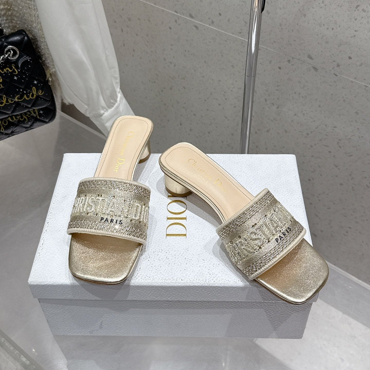 CD 26s Rhinestone Flat Slippers Gold Beige Canvas Leather 636391