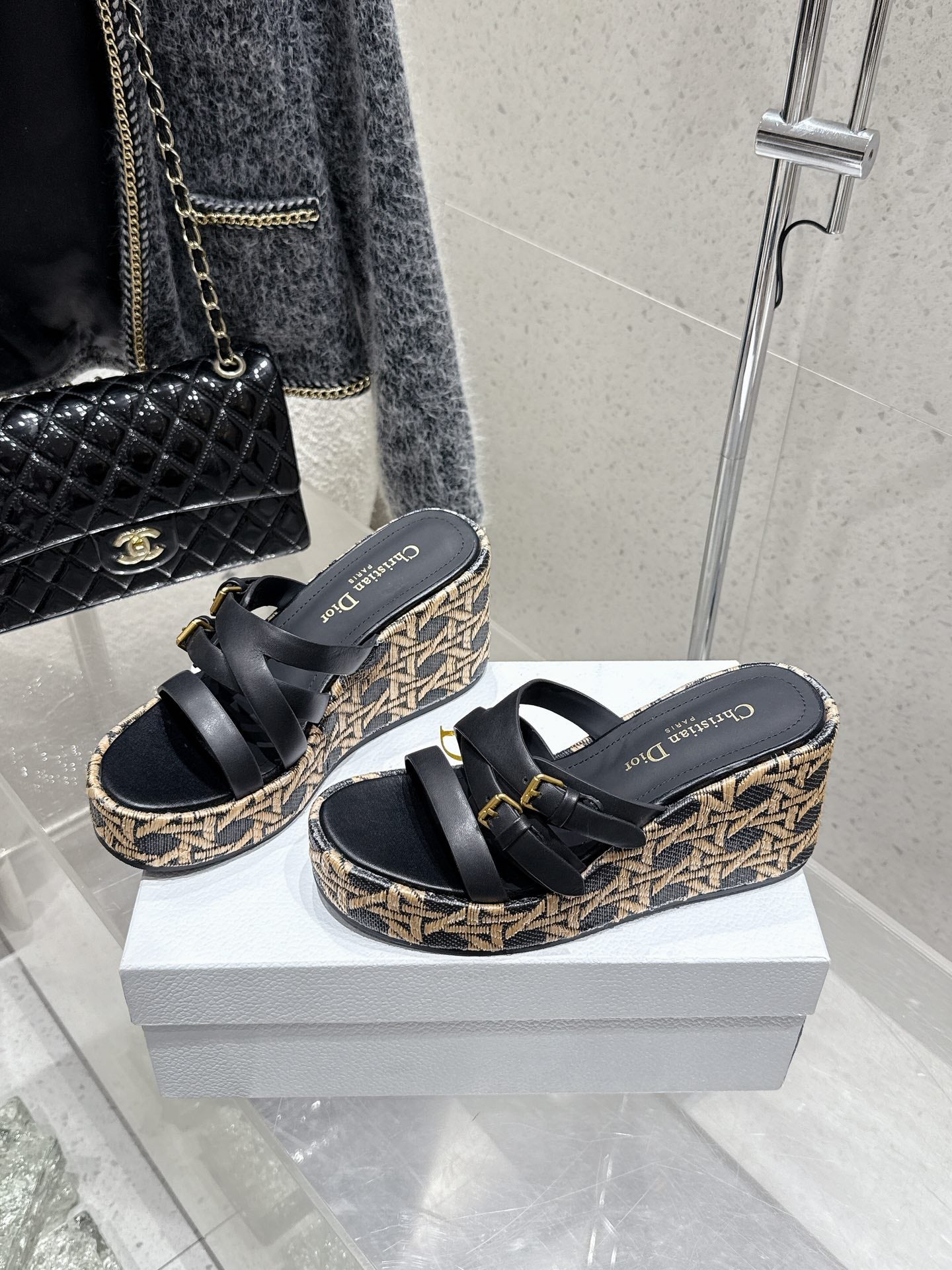 CD 26s Platform Sandal 65 Black Beige Monogram Leather 636351